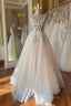 Champagne Lace Long A Line Prom Dress, Strapless Prom Dresses
