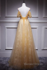 Champagne Lace Off Shoulder Long Party Dresses , Cute Tulle Formal Dresses Prom Dresses