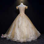Champagne Lace Off Shoulder Prom Dress, Ball Gowns Tulle Prom Dress