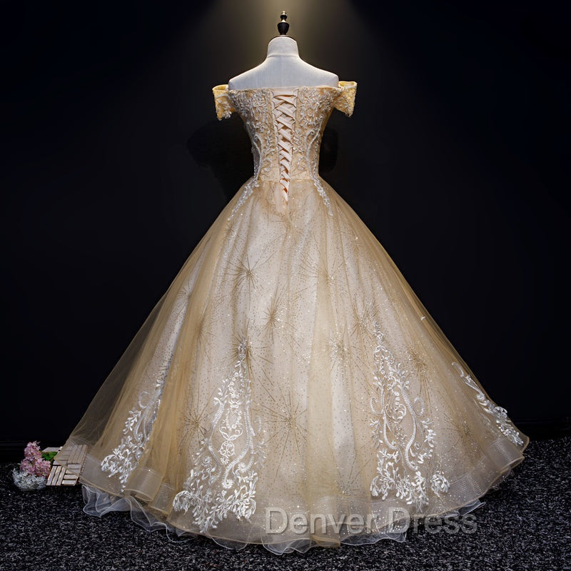 Champagne Lace Off Shoulder Prom Dress, Ball Gowns Tulle Prom Dress