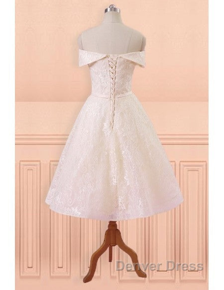 Champagne Lace Off Shoulder Tea Length Wedding Dresses With Sash Secondary image