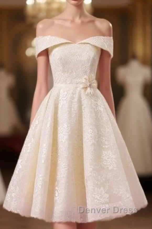 Champagne Lace Off Shoulder Tea Length Wedding Dresses With Sash
