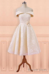 Champagne Lace Off Shoulder Tea Length Wedding Dress With Sash
