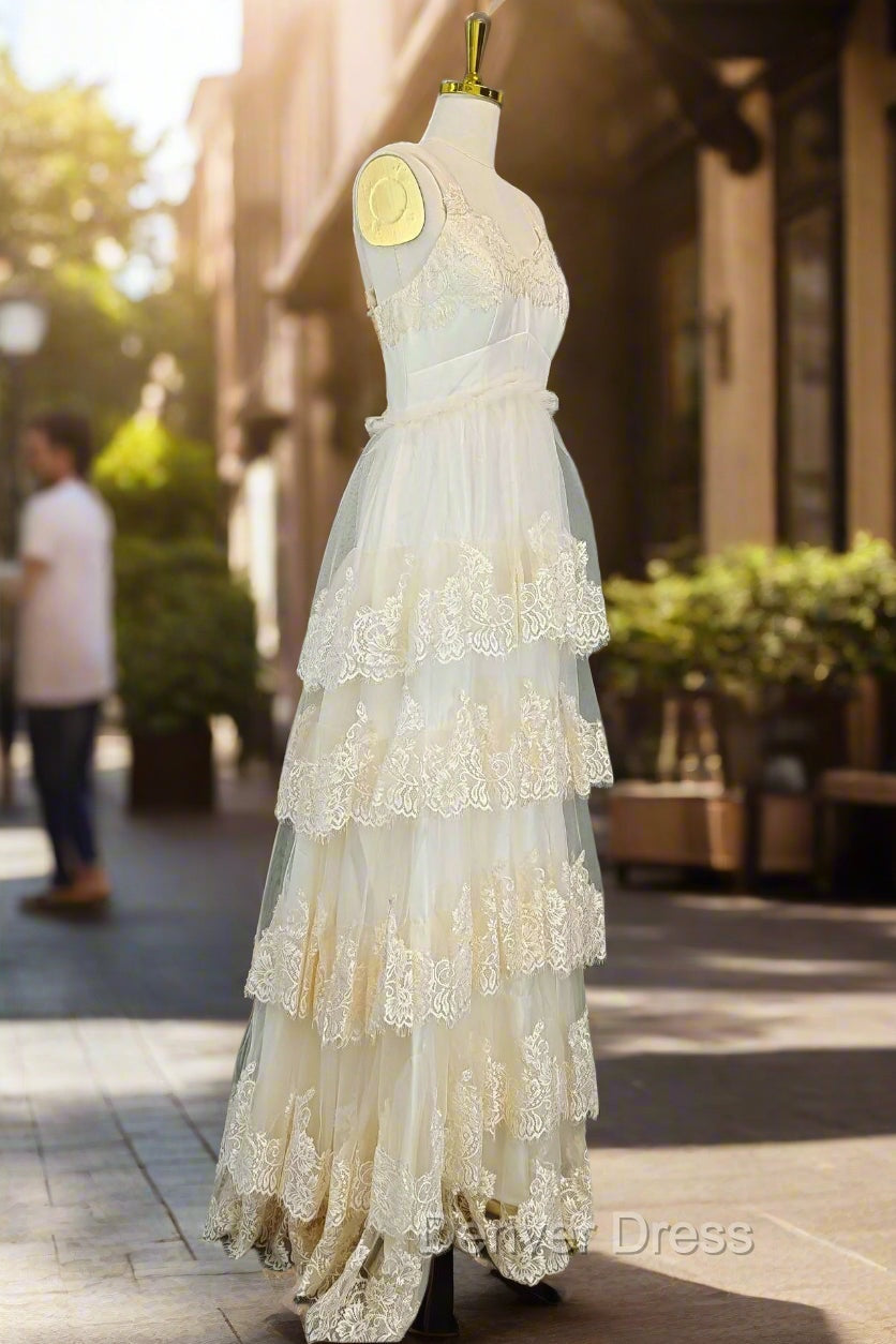 Champagne Lace Prom Dress A Line V Neck Elegant Prom Dresses