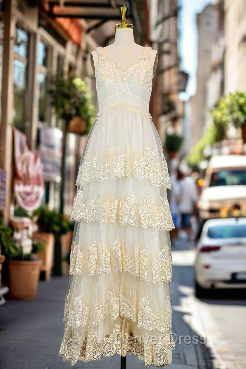 Champagne Lace Prom Dresses A-line V-neck Elegant Evening Dresses Main image