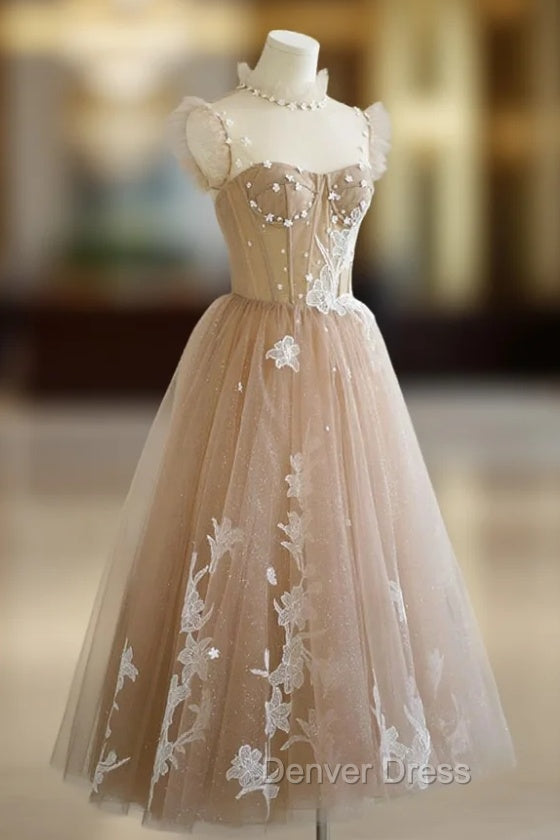 Champagne Lace Short A-Line Prom Dresses, Cute Homecoming Party Dresses Main image