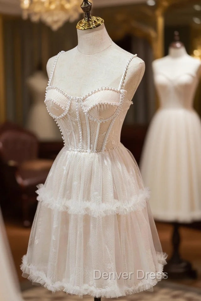 Champagne Lace Short Prom Dresses, Spaghetti Straps Party Dresses with Pearl Secondary image