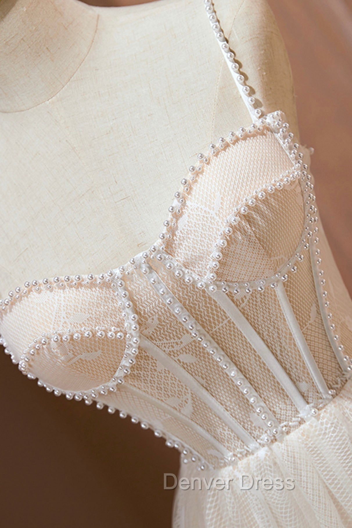 Champagne Lace Short Prom Dress, Spaghetti Straps Prom Dresses with Pearl