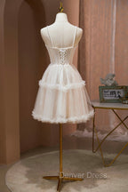 Champagne Lace Short Prom Dresses, Spaghetti Straps Party Dresses with Pearl