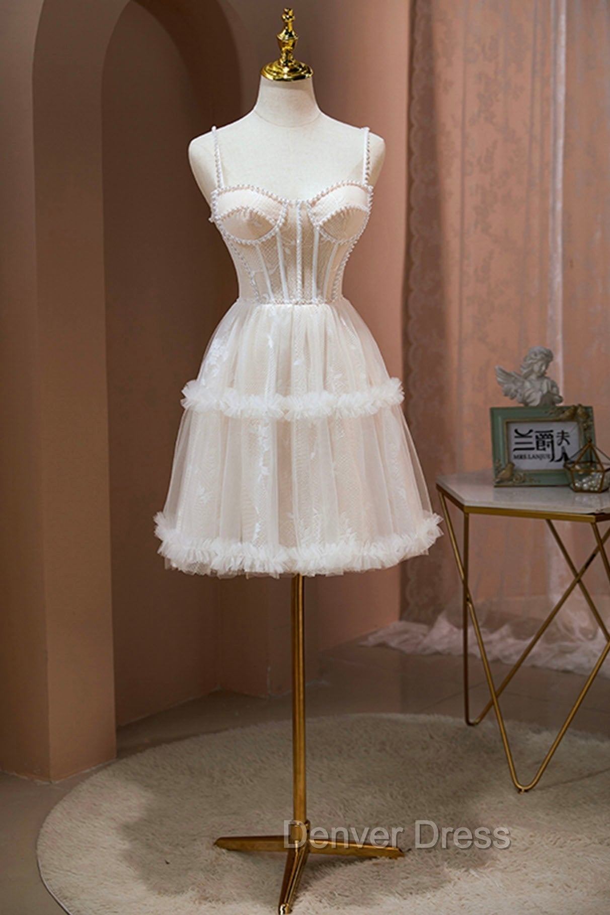 Champagne Lace Short Prom Dresses, Spaghetti Straps Party Dresses with Pearl