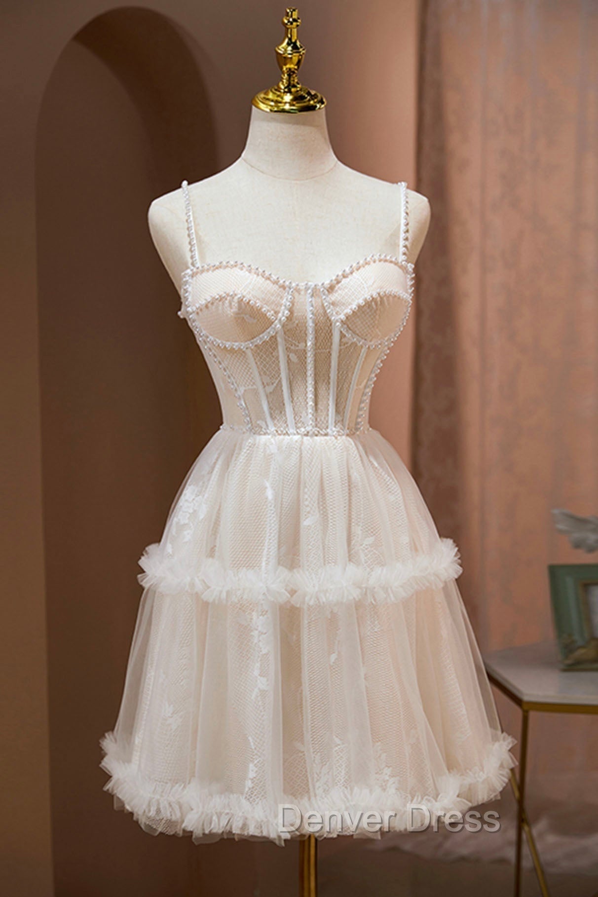 Champagne Lace Short Prom Dresses, Spaghetti Straps Party Dresses with Pearl Main image