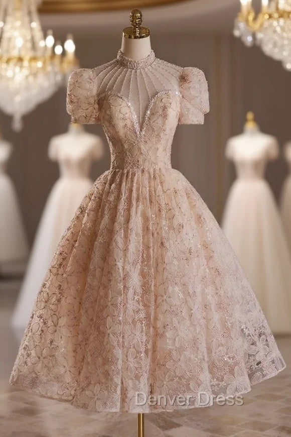 Champagne Lace Short Sleeve Beading Short Prom Dresses