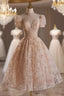Champagne Lace Short Sleeve Beading Short Prom Dresses