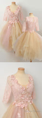 Champagne Lace Tulle Cute Homecoming Dress