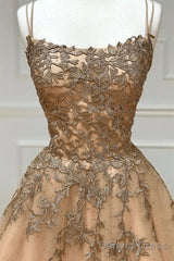 Champagne Lace Tulle Long Prom Dress Formal Evening Dress Ball Gown