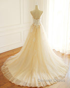 Champagne Long A-line Sweetheart Tulle Spaghetti Sweep Train Wedding Dresses