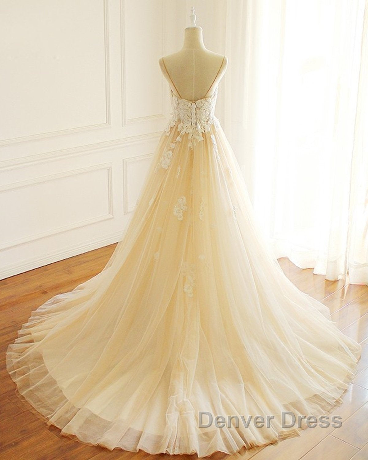 Champagne Long A Line Sweetheart Tulle Spaghetti Sweep Train Wedding Dresses Secondary image