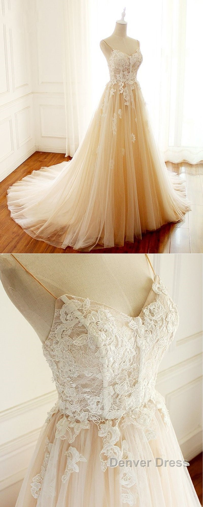 Champagne Long A-line Sweetheart Tulle Spaghetti Sweep Train Wedding Dresses