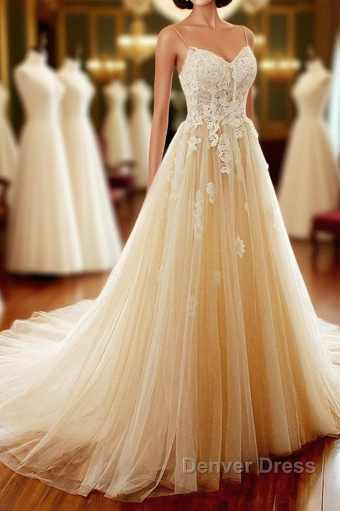 Champagne Long A-line Sweetheart Tulle Spaghetti Sweep Train Wedding Dresses Main image