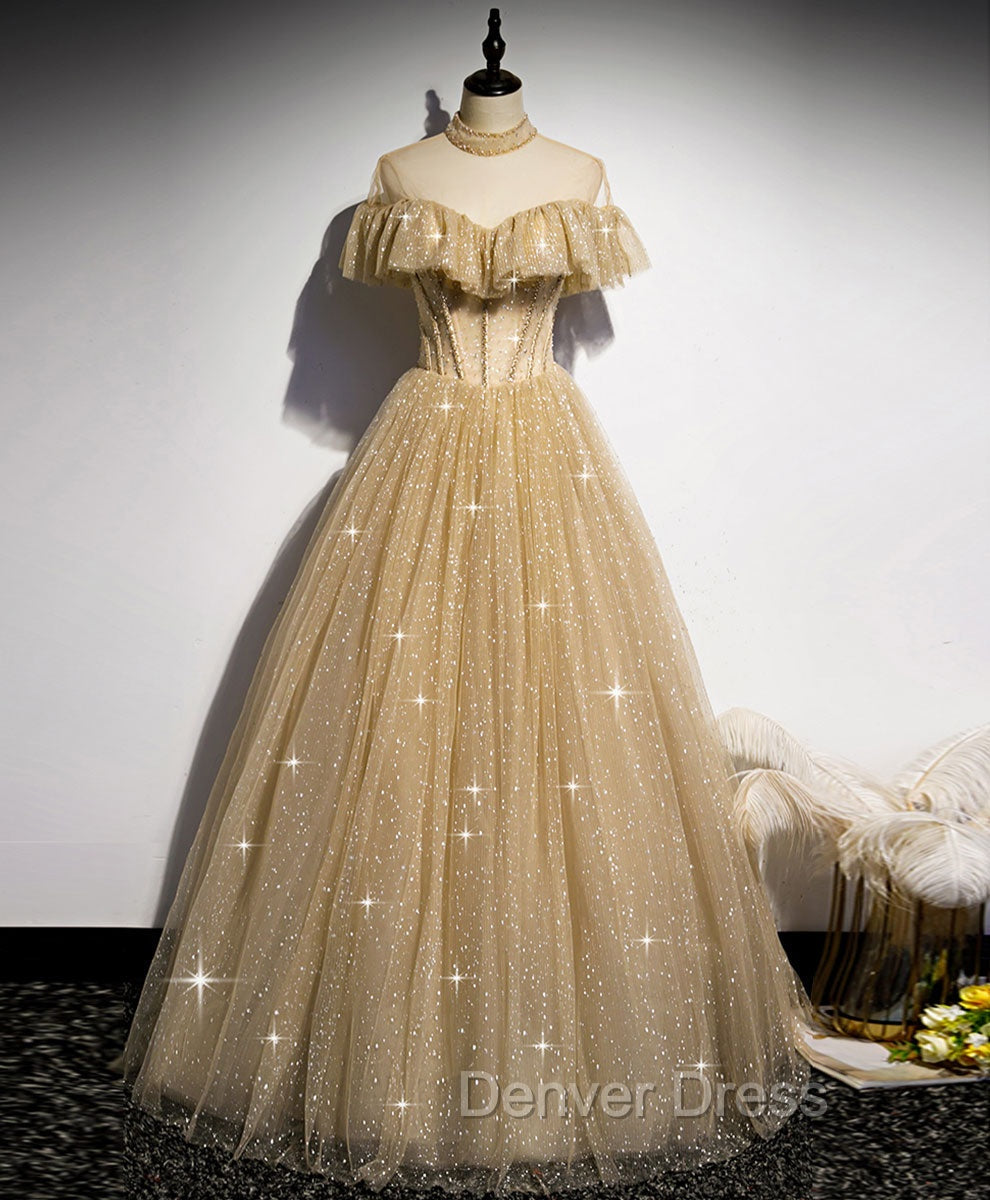 Champagne Long Prom Dresses, Aline Champagne Graduation Dresses with Beading Main image