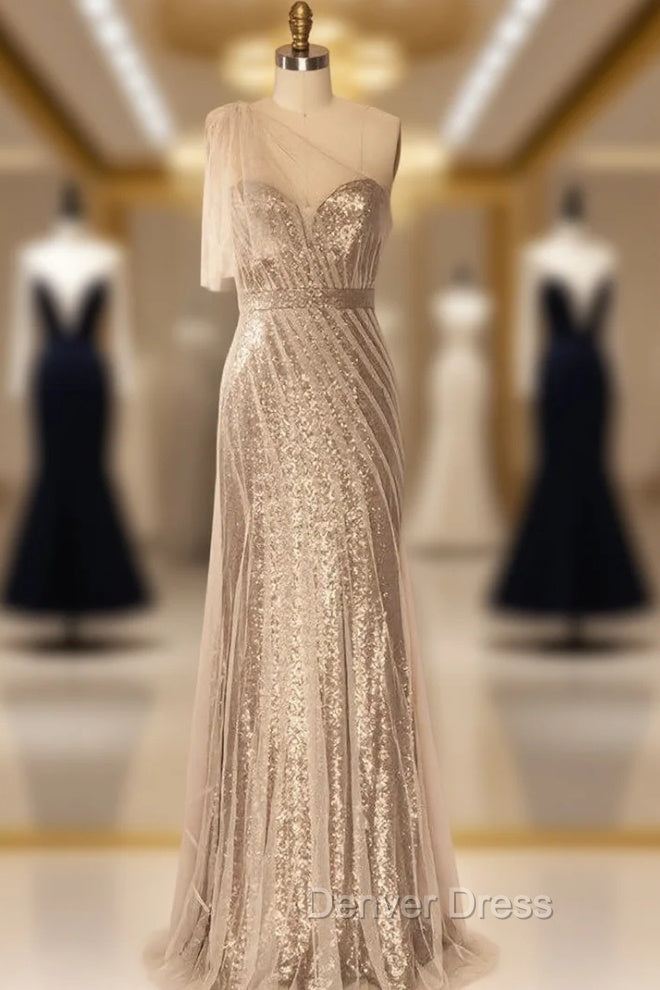 Champagne Long Sheath Evening Dresses One Shoulder Sequins Tulle Women