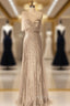 Champagne Long Sheath Evening Dresses One Shoulder Sequins Tulle Women