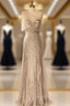 Champagne Long Sheath Prom Dresses One Shoulder Sequins Tulle Women