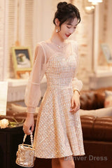 Champagne Long Sleeve Party Dress, Beautiful Knee/Tea Length Prom Dress