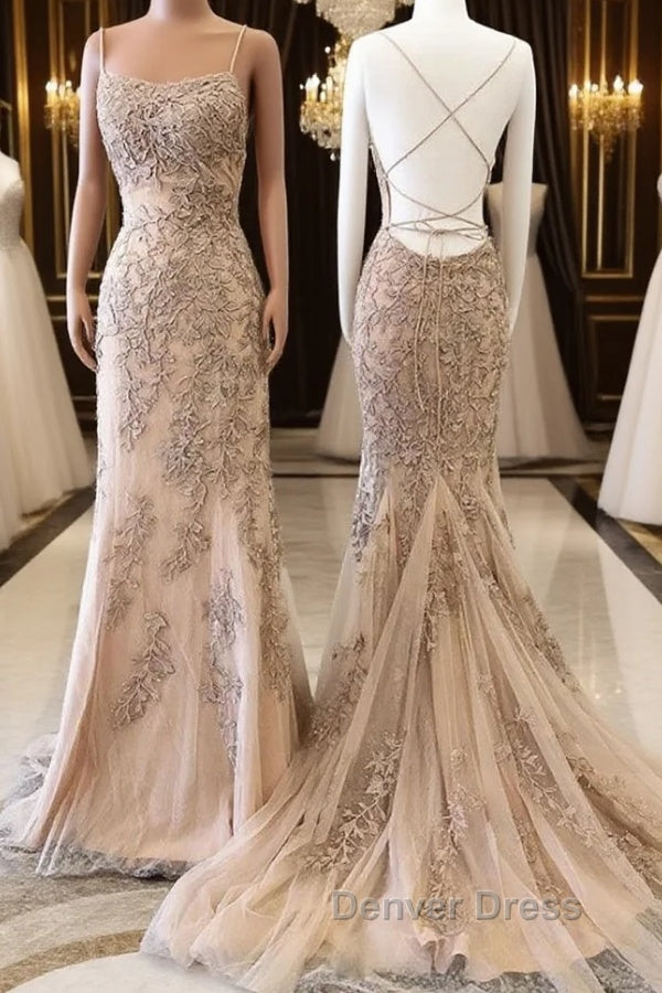Champagne Mermaid Backless Lace Appliques Long Prom Dress, Champagne Lace Prom Dress, Champagne Graduation Prom Dresses