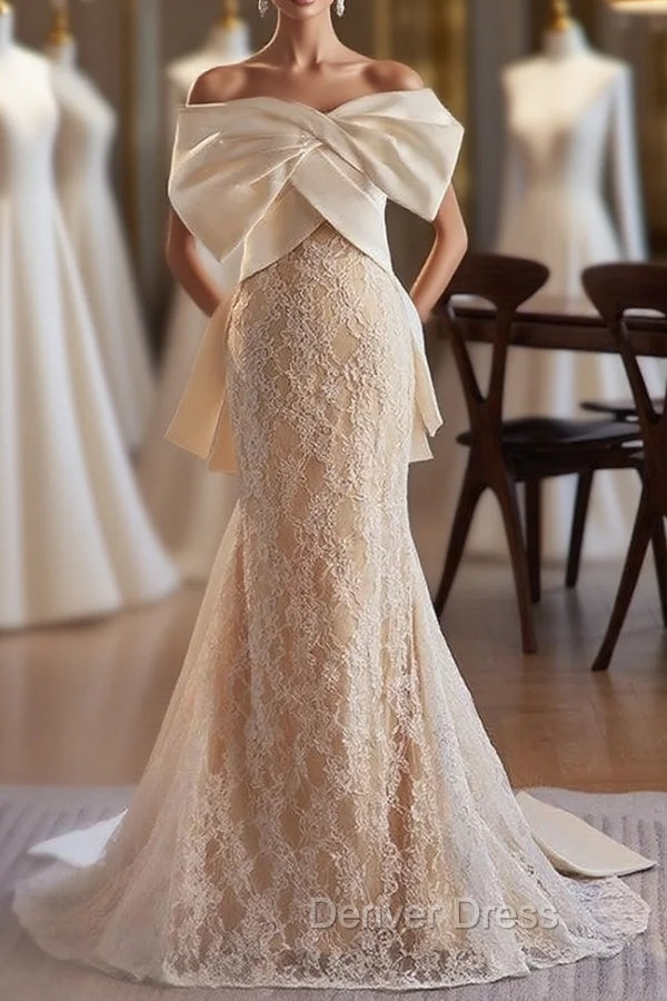 Champagne Mermaid Lace Satin Wedding Dresses Main image