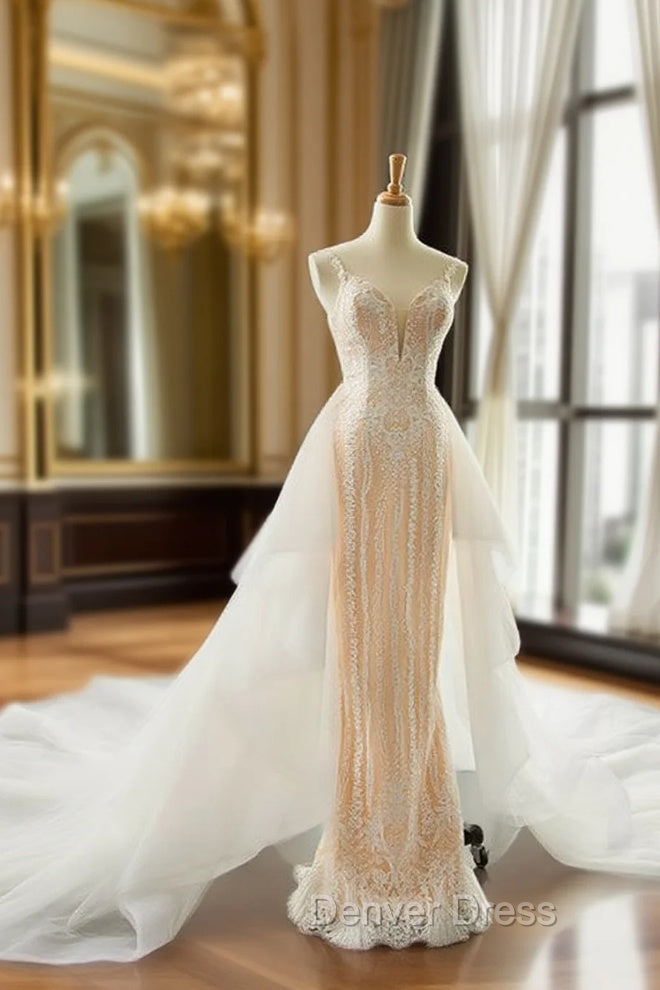 Champagne Mermaid Lace White Tulle Spaghetti Straps Wedding Dresses With Removable Train