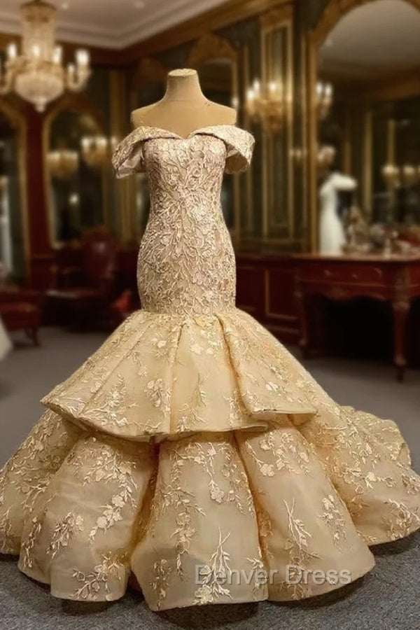 Champagne Mermaid Off the Shoulder Appliques Prom Dresses