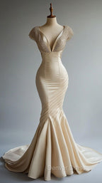 Champagne Mermaid Satin Beaded V Neck Long Ball Dress, Elegant Prom Dresses