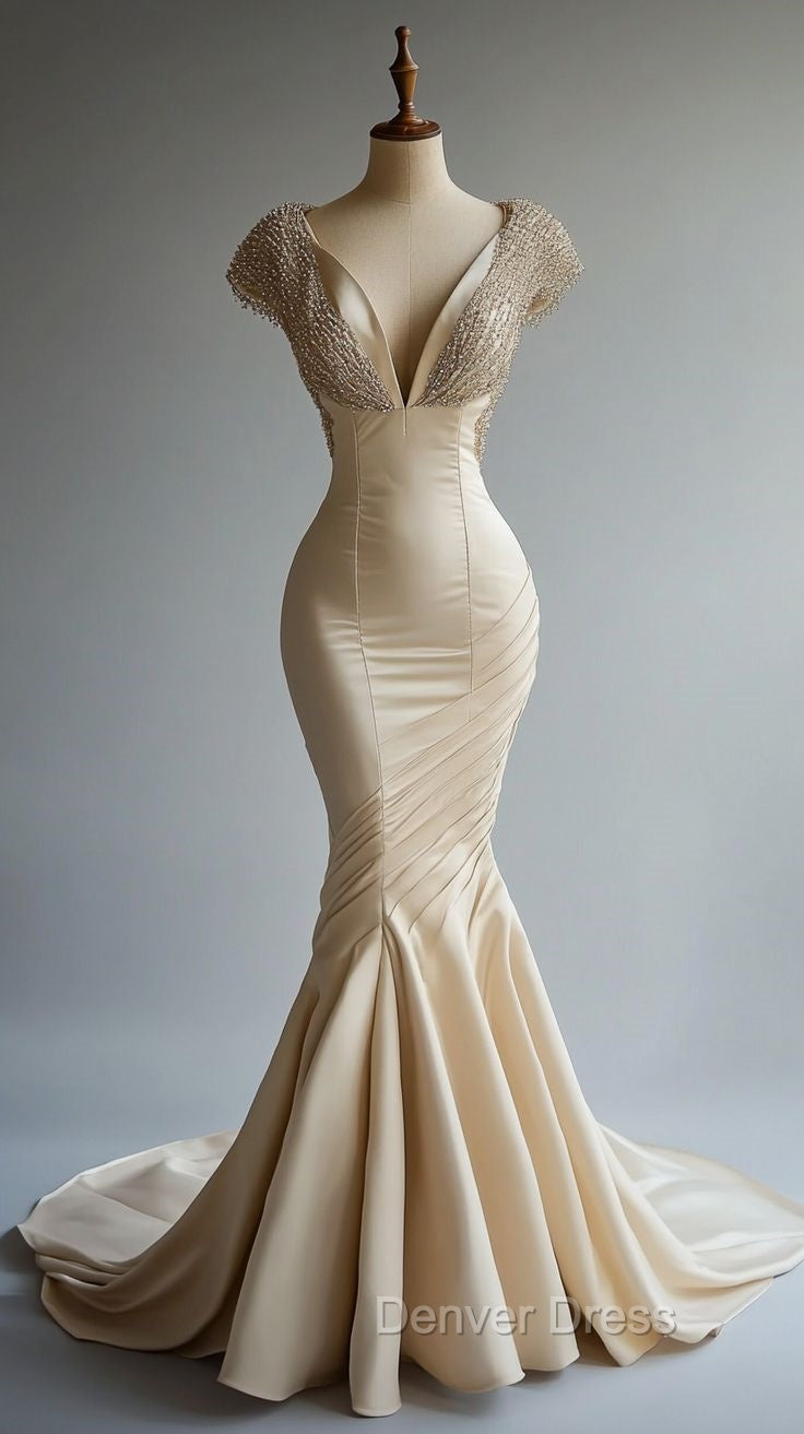 Champagne Mermaid Satin Beaded V Neck Long Ball Dress, Elegant Prom Dresses