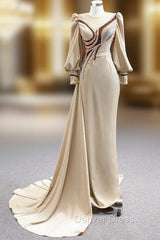 Champagne Mermaid Satin Long Sleeve Beading Prom Dresses
