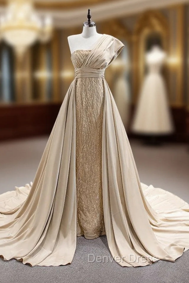 Champagne Mermaid Satin Sequins Beading Prom Dresses