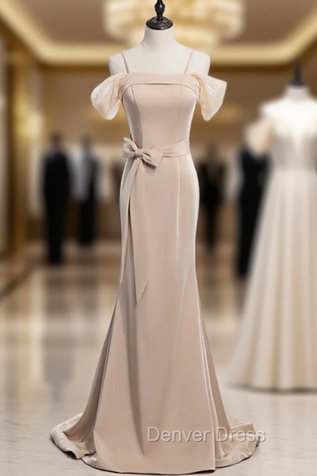Champagne Mermaid Satin Spagehtti Straps Prom Dresses With Sash Main image