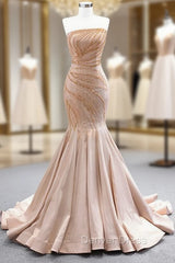 Champagne Mermaid Satin Strapless Beading Sequins Prom Dresses