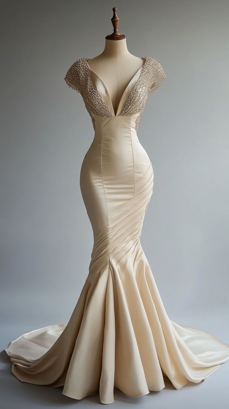 Champagne Mermaid Satin Beaded V-Neck Long Ball Dress, Elegant Prom Dresses Main image