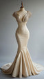 Champagne Mermaid Satin Beaded V-Neck Long Ball Dress, Elegant Prom Dresses