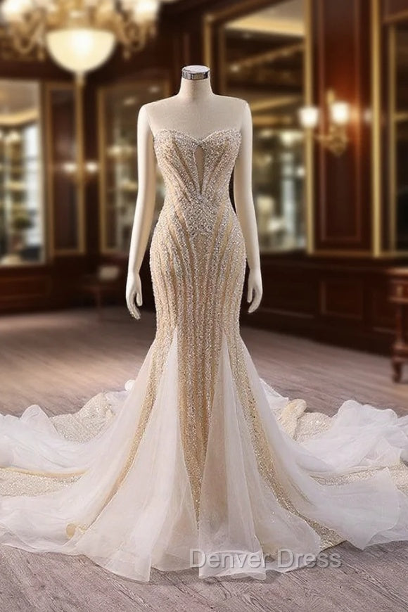 Champagne Mermaid Sequins Beading Prom Dresses