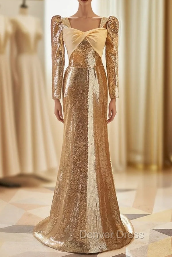 Champagne Mermaid Sequins Long Sleeve Prom Dresses