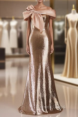 Champagne Mermaid Sequins Off the Shoulder Prom Dresses