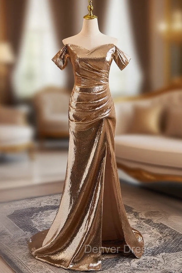 Champagne Mermaid Sequins Pleats Off the Shoulder Prom Dresses