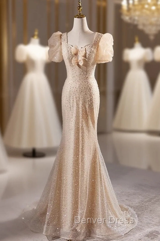 Champagne Mermaid Sequins Puff Sleeve Prom Dresses