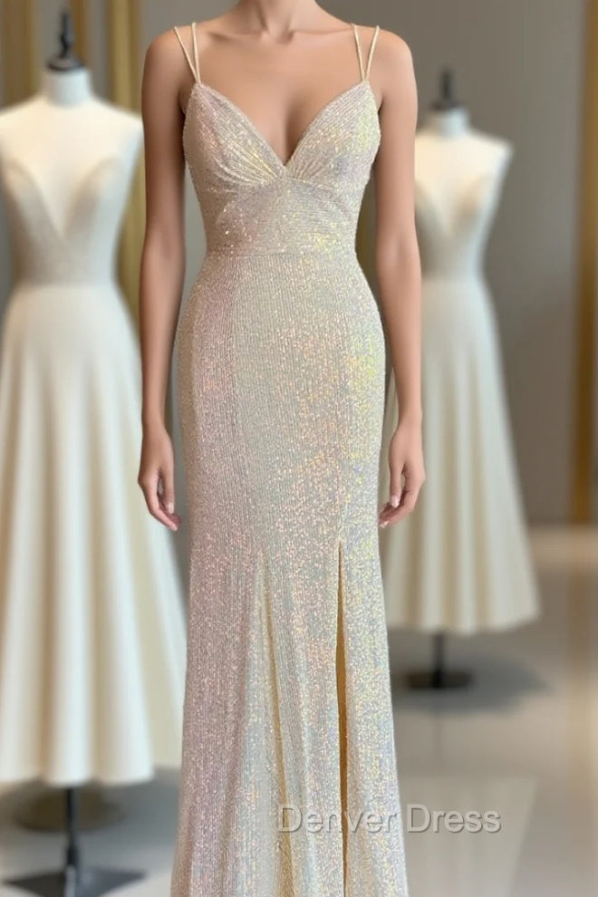 Champagne Mermaid Sequins Spaghetti Straps Prom Dresses Main image
