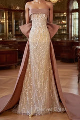 Champagne Mermaid Sequins Strapless Prom Dresses