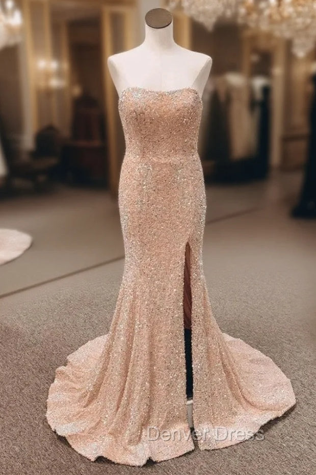 Champagne Mermaid Sequins Strapless Split Prom Dresses