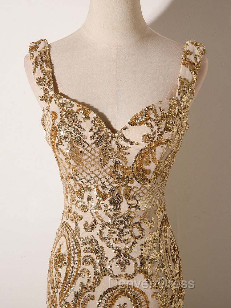 Champagne Mermaid Sequins Straps Prom Dress, Champagne Sequins Prom Dresses Secondary image