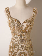 Champagne Mermaid Sequins Straps Prom Dress, Champagne Sequins Prom Dresses